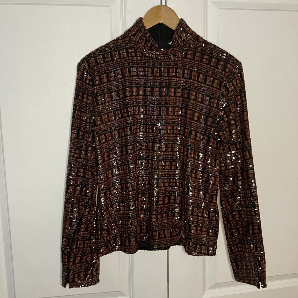 Zara Sequin Top‎ Womens M Red Black Orange Sparkle Party Mock Neck Date Night